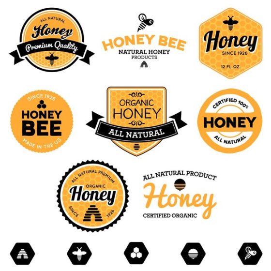 A set of logos and labels for an organic honey brand