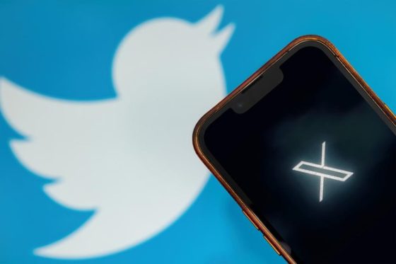 A photo of a former Twitter's blue bird in the background and the new X logotype in the foreground